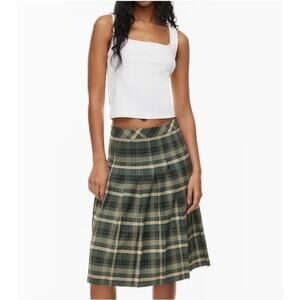 NWT Aritzia Sunday Best Women's Plaid Olive Green Pleated Midi Skirt 8